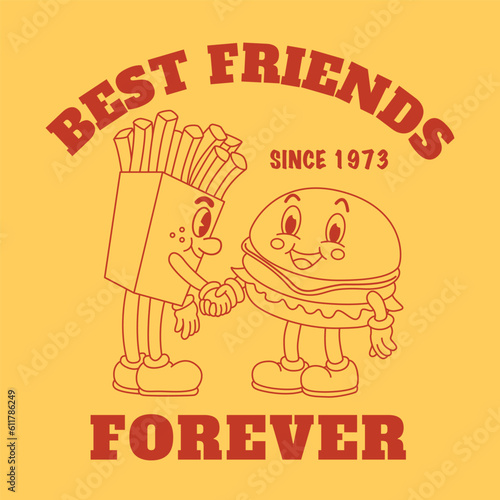Best friends forever, Retro groovy characters, cute cartoon hamburger and french fries. Vector Illustration