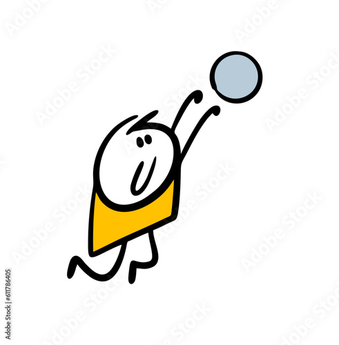 Funny boy playing with ball on the beach. Vector illustration of man and sport game volleyball.