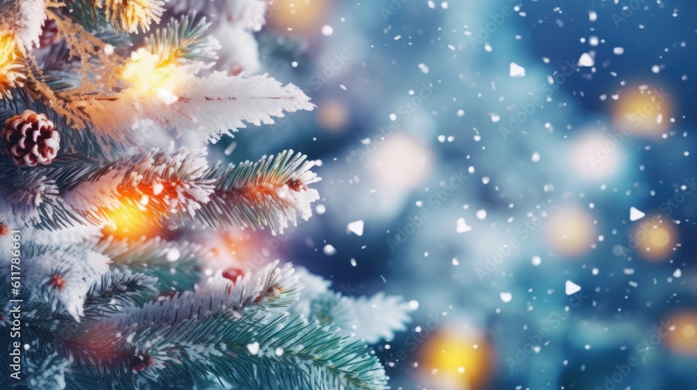 Christmas Winter Blurred Background: Xmas Tree with Snow Decorations (Generative AI) Christmas Winter Blurred Background: Xmas Tree with Snow Decorations (Generative AI)