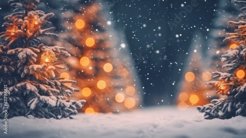 Christmas Winter Blurred Background: Xmas Tree with Snow Decorations (Generative AI) © nadunprabodana