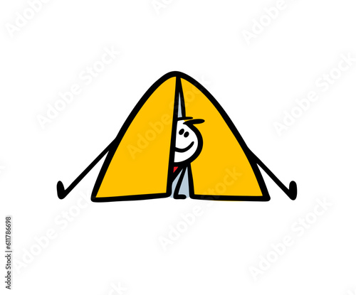 Funny man on hike hides in yellow tent and looks out. Vector illustration of a happy tourist having rest and fun on vacation.