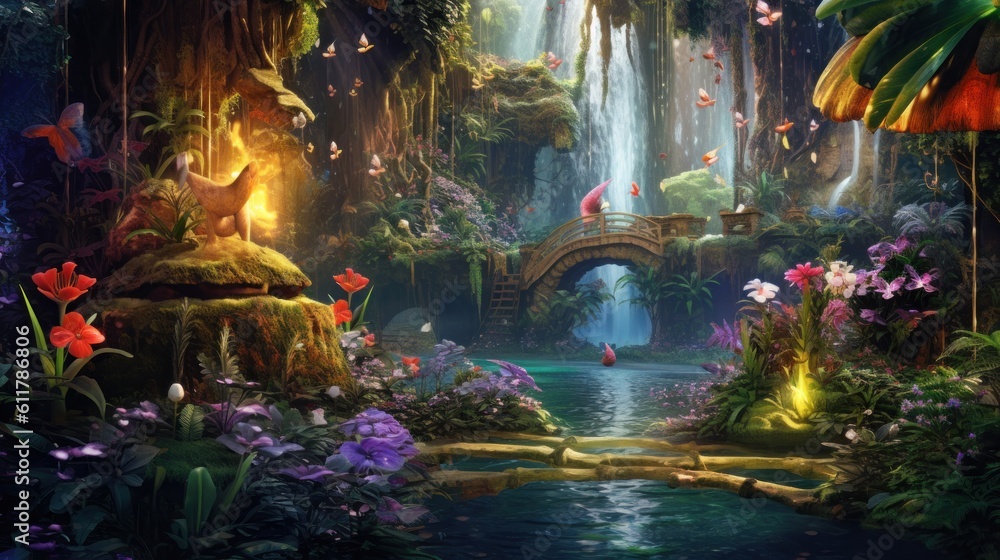 Lush enchanted garden with talking animals, fairies, and sparkling waterfalls Lush enchanted garden with talking animals, fairies, and sparkling waterfalls