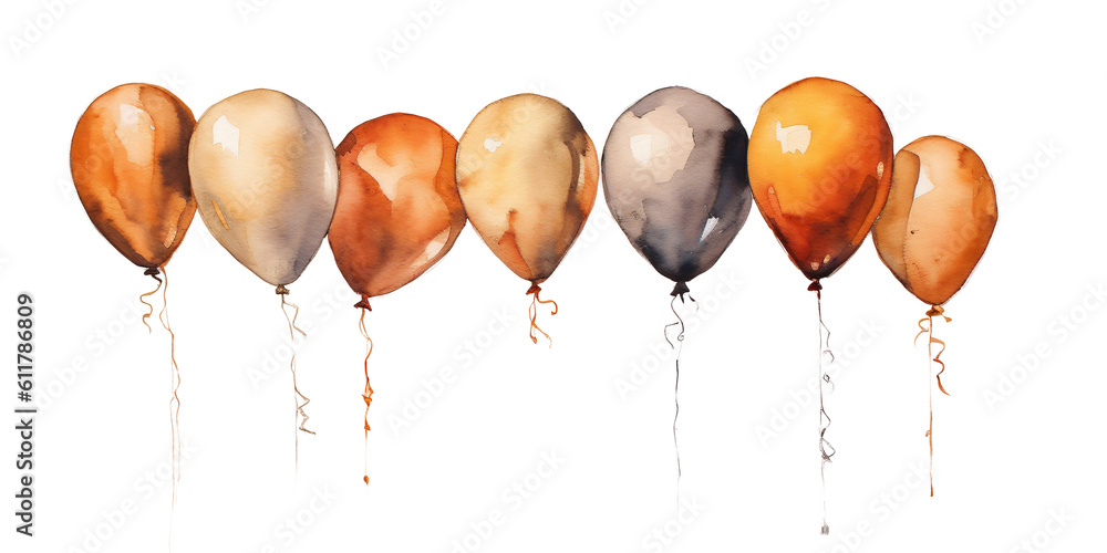 row of round bronze ballons in watercolor design on transparent