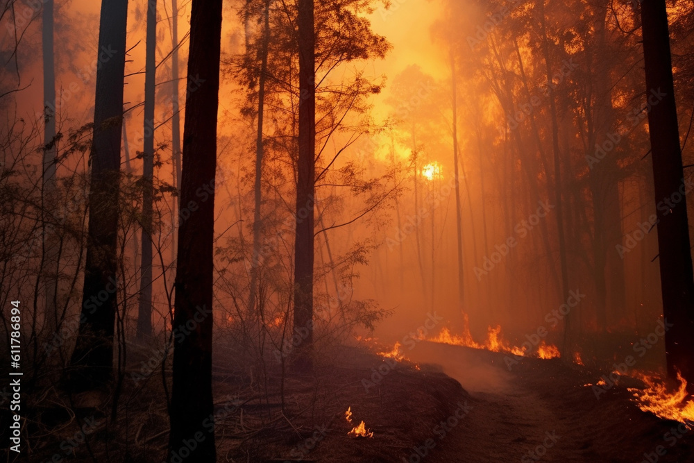 Trees burning in forest fire