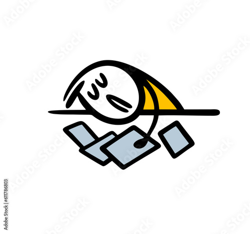 Poor student sleeping on the table during lesson or homework. Vector illustration of tired man.
