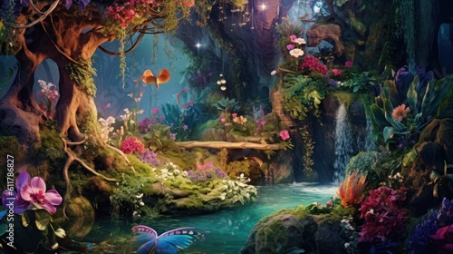 Lush enchanted garden with talking animals, fairies, and sparkling waterfalls © Damian Sobczyk