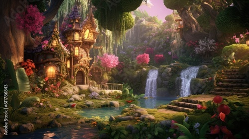 Lush enchanted garden with talking animals, fairies, and sparkling waterfalls