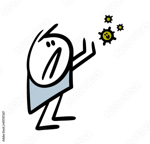 Poor stick figure character with rising up hands protecting from the covid virus. Vector illustration of flu pandemic.