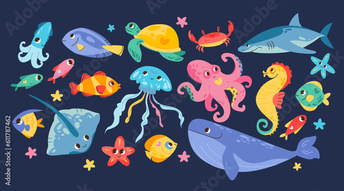 Underwater world, sea life. Cute sea animals and fish. Cartoon vector characters with smiling faces.