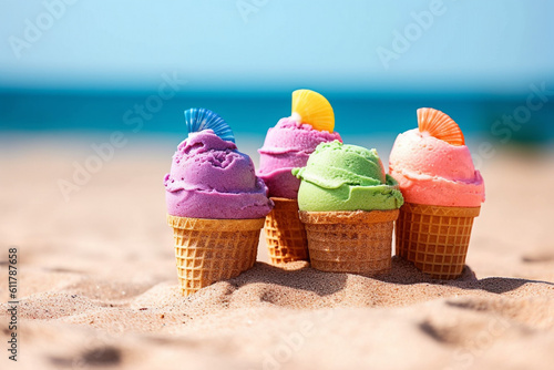 colorful ice cream cones on the sandy beach by the ocean. High quality photo Generative AI