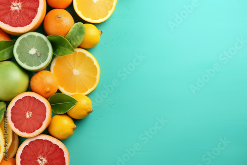 Citrus fruit blue background with copy space. High quality photo Generative AI