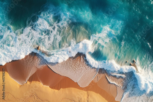 Aerial view of wave rolling in on beach