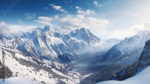 Serene mountain range covered in snow, with a breathtaking view of the valley below