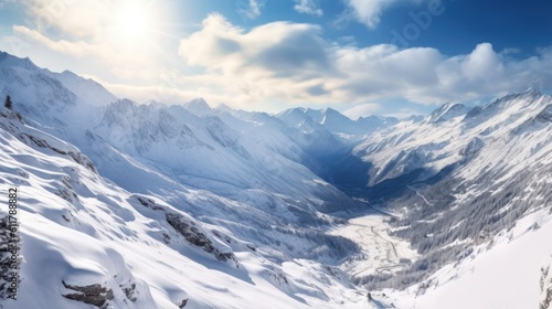Serene mountain range covered in snow, with a breathtaking view of the valley below