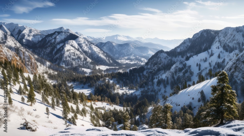 Serene mountain range covered in snow, with a breathtaking view of the valley below Serene mountain range covered in snow, with a breathtaking view of the valley below