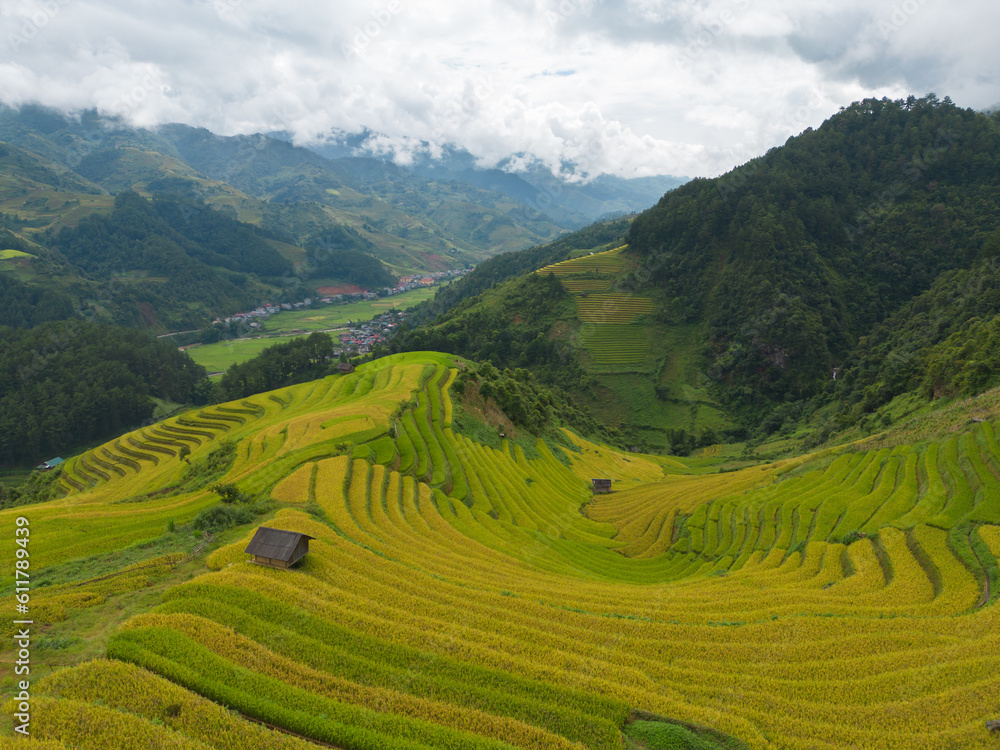 Aerial top view of fresh paddy rice terraces, green agricultural fields in countryside or rural area of Mu Cang Chai, mountain hills valley in Asia, Vietnam. Nature landscape background.