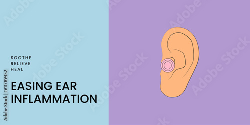 Ear Inflammation Banner on Blue and Purple Background. Stylish Banner with Text and Icon for Healthcare and Medical