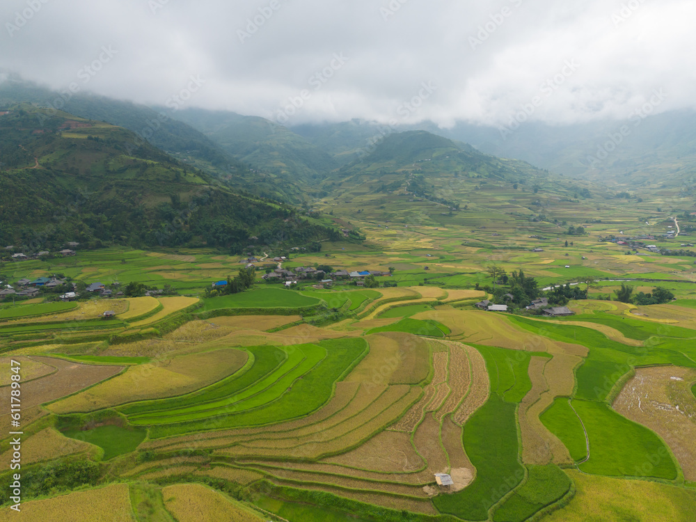Naklejka premium Aerial top view of fresh paddy rice terraces, green agricultural fields in countryside or rural area of Mu Cang Chai, mountain hills valley in Asia, Vietnam. Nature landscape background.