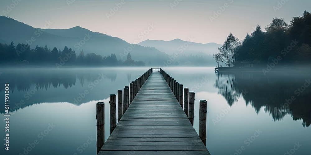 serene lakeside setting with calm waters reflecting the surrounding mountains  Generative AI Digital Illustration Part#100623