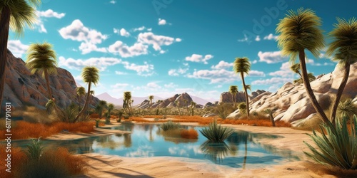oasis amidst a vast desert, with palm trees, a tranquil pool of water  Generative AI Digital Illustration Part 100623 © Cool Patterns