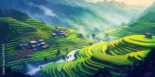 landscape of terraced rice fields  with vibrant greenery cascading down the slopes  Generative AI Digital Illustration Part 100623