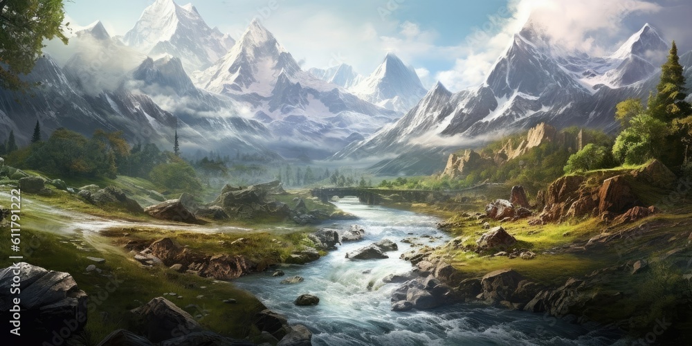 Majestic Mountains - A breathtaking mountain range covered in lush greenery  Generative AI Digital Illustration Part#100623
