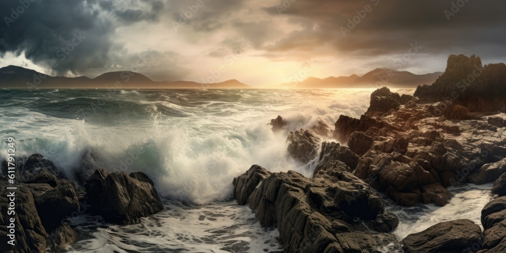 Crashing Waves on Rocky Shore - The powerful crashing waves of the ocean against a rugged and rocky shore  Generative AI Digital Illustration Part#100623