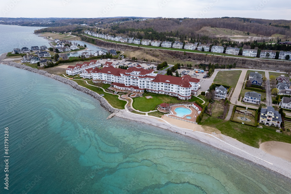 Serene Coastal Charm: Aerial View of the Inn at Bay Harbor, Michigan