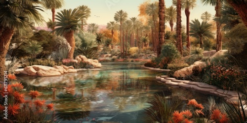 Desert Oasis - A secluded oasis amidst a vast desert, with a shimmering pool of water surrounded Generative AI Digital Illustration Part#100623