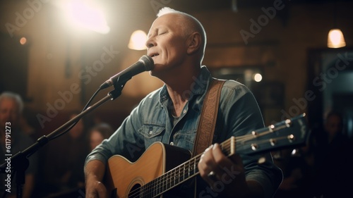 Folk Singer Male Caucasian Mature Performing live music for an audience, singing folk songs in Coffee house. Generative AI AIG22.