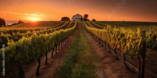 Charming Vineyard at Sunset - A charming vineyard bathed in the warm glow of sunset Generative AI Digital Illustration Part#100623