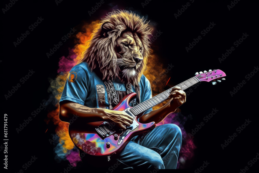 A Lion playing eletric guitar wearing metal band shirt