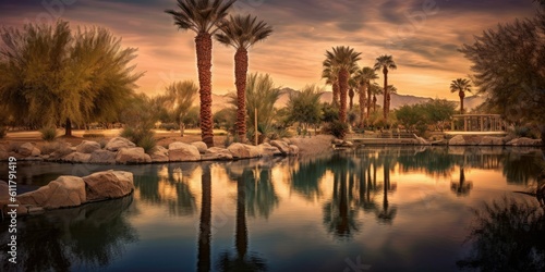 desert oasis surrounded by palm trees, bathed in the soft hues of twilight fun places to go in summer Generative AI Digital Illustration Part#110623