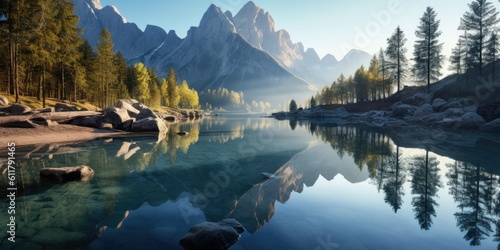tranquil mountain lake nestled among towering peaks, its crystal-clear waters reflecting the majestic scenery that surrounds it Generative AI Digital Illustration Part#110623