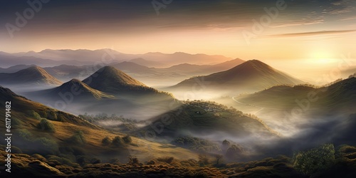 misty mountain landscape at sunrise, with the peaks bathed in a soft haze and the first rays of sunlight piercing through the clouds  Generative AI Digital Illustration Part 110623 © Cool Patterns