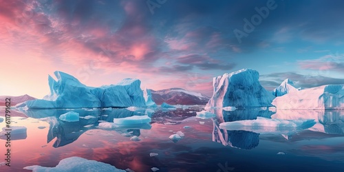 majestic glacial landscape with towering ice formations and sparkling blue icebergs floating in a pristine glacial lake Generative AI Digital Illustration Part#110623