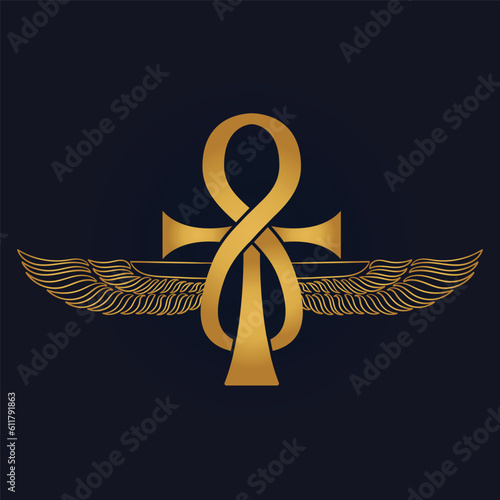 Egyptian Scarab bug with wings And ankh symbol 