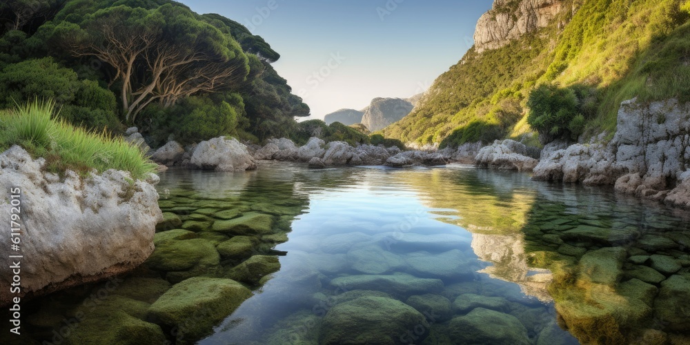 serene coastal lagoon with calm and crystal-clear waters, surrounded by lush vegetation and towering cliffs  Generative AI Digital Illustration Part#110623