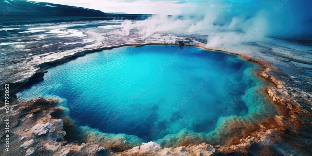mesmerizing geothermal pool, with vibrant hues of blue and turquoise created by mineral-rich waters  Generative AI Digital Illustration Part#110623