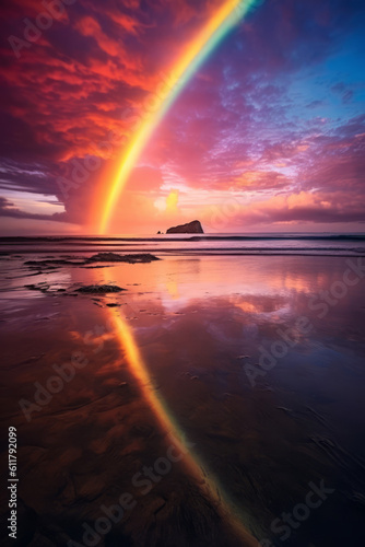 Rainbow sunset at the beach and the ocean
