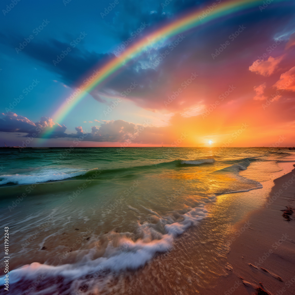 Rainbow sunset at the beach and the ocean