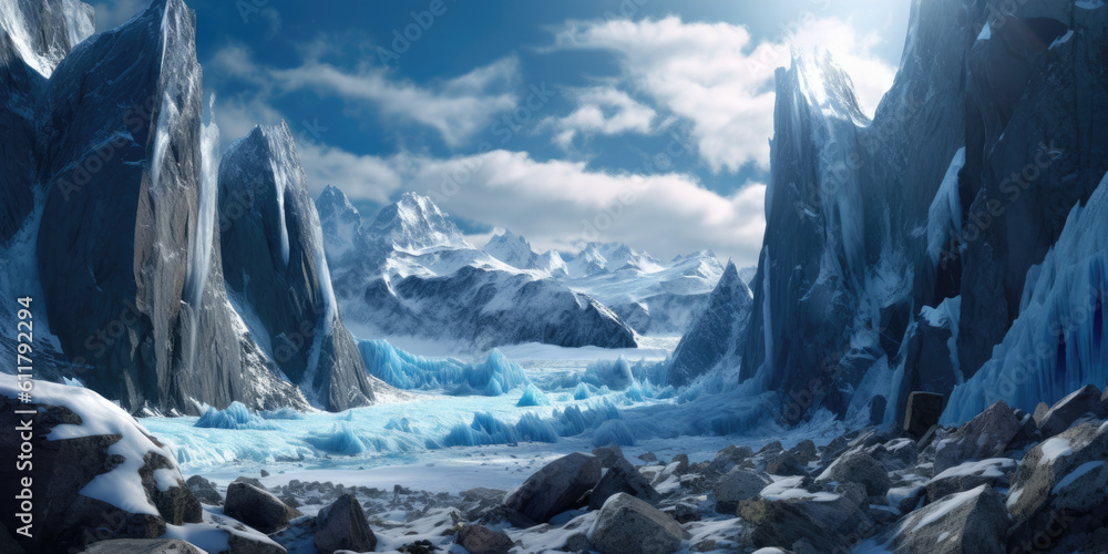 Towering ice formations dominate the landscape as a massive glacier carves its way through the mountains  Generative AI Digital Illustration Part#110623