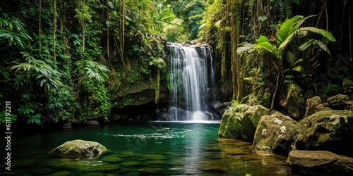 hidden gem nestled deep within a lush rainforest, a tropical waterfall cascades down a rocky cliff Generative AI Digital Illustration Part#110623