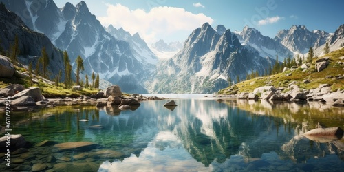 Nestled between towering mountains, a crystal-clear alpine lake reflects the surrounding peaks with stunning clarity Generative AI Digital Illustration Part#110623
