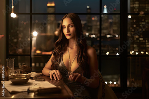 A woman resembling a modern day Mona Lisa at a fancy affair wearing attractive gown and attire.