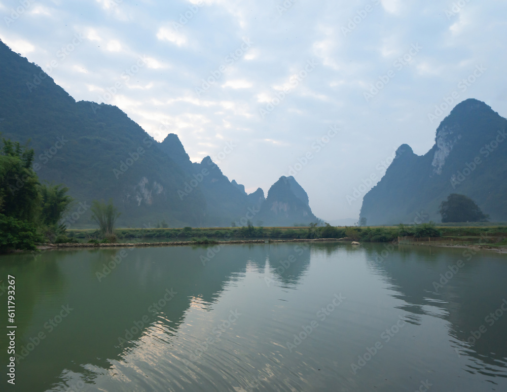 Cao Bang River lake, mountain hills valley in Asia, Vietnam, China border. Nature landscape background.