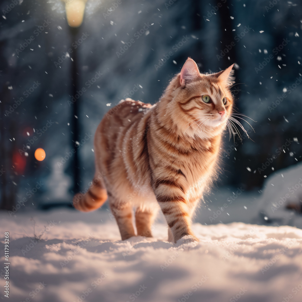 Cat walking in the snow Cat walking in the snow