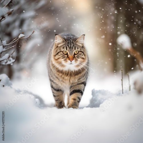 Cat walking in the snow