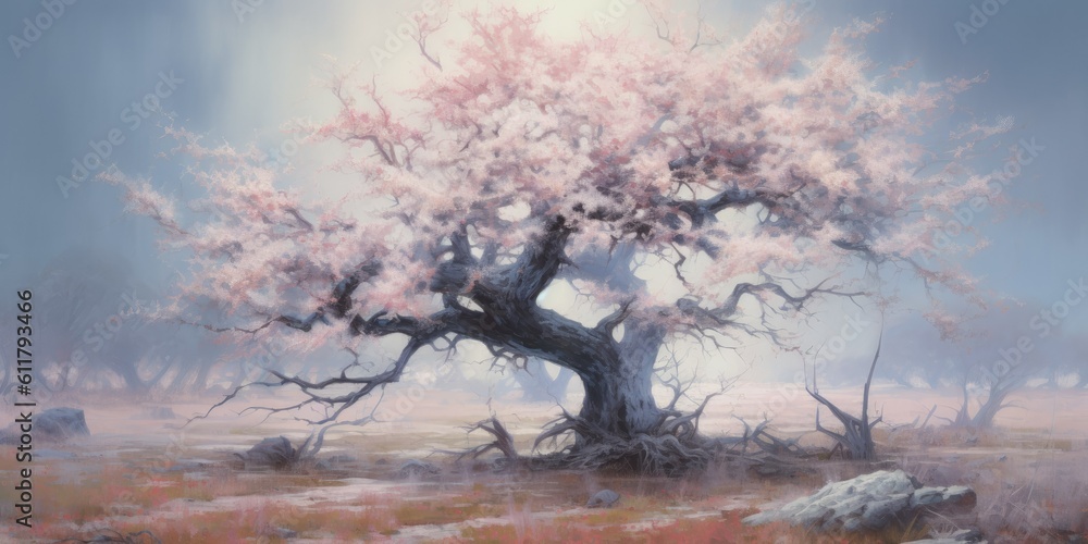 A hauntingly beautiful tree stands amidst a field of wilted flowers  Generative AI Digital Illustration Part#110623