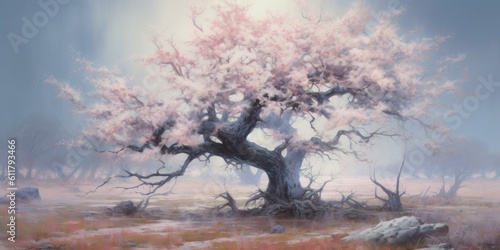 A hauntingly beautiful tree stands amidst a field of wilted flowers Generative AI Digital Illustration Part#110623